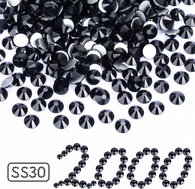2000PCS Black Rhinestones Bulk, Flat Back Crystal Glass Stone Round Gems,SS30, 6.4-6.6mm