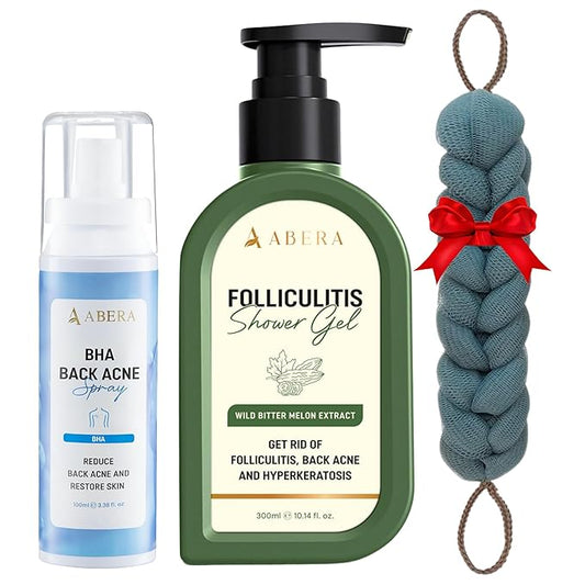 ABERA Folliculitis Shower Gel & BHA Back Acne Spray, High-Performance Body Wash, Wild Bitter Melon Extract, Perfect Duo + Gift Long Stretch Back Sponge