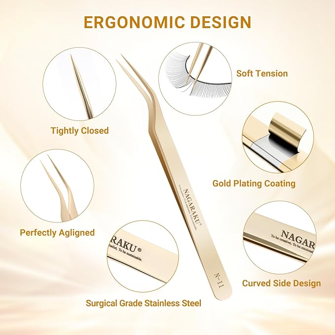 NAGARAKU Tweezers for Eyelash Extensions Curved Lash Tweezers Precision Pinzas Professional Easy Fanning Stainless Steel Precise Long Tip Pointy Make Fans for Lashes Isolation (N-11)