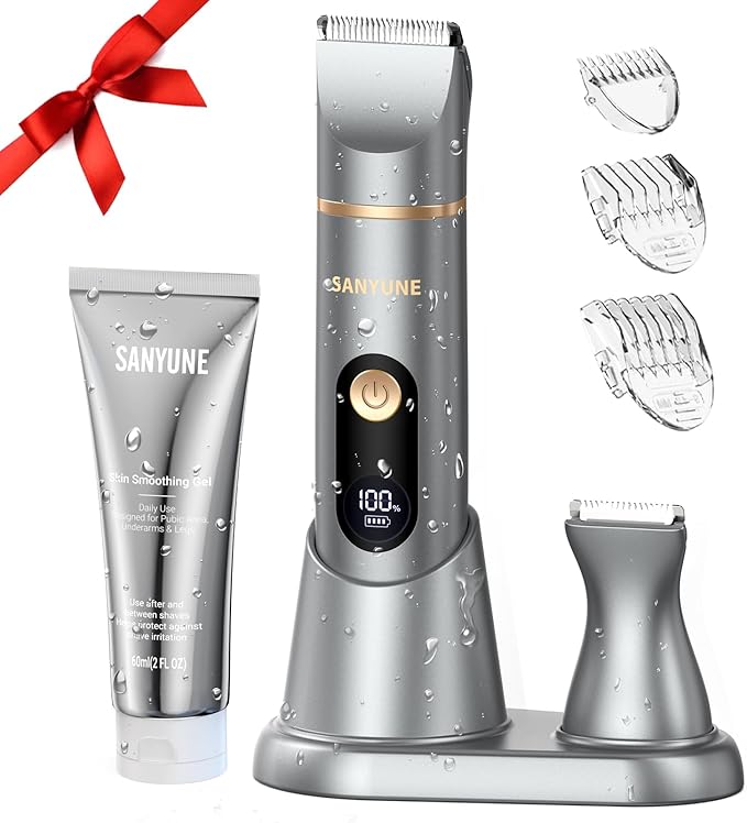 Bikini Trimmer for Women, Includes 2 Oz Skin Smoothing Shaving Gel 2-in-1 Electric Razor Shaver for Hair Removal IPX7 Waterproof for Pubic Underarm Legs Arm Body