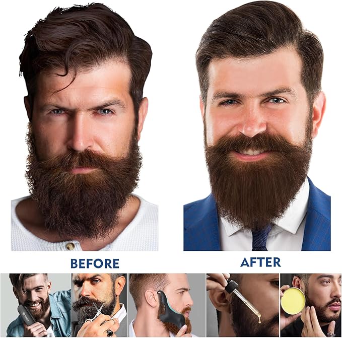 Innovation Blue Beard Straightener Kit w, Beard Balm, Beard Growth Oil, Beard Styling Comb & Scissors, Upgraded 5-in-1 Beard Set, Unique Stocking Stuffer Gifts for Friend, Father & Him