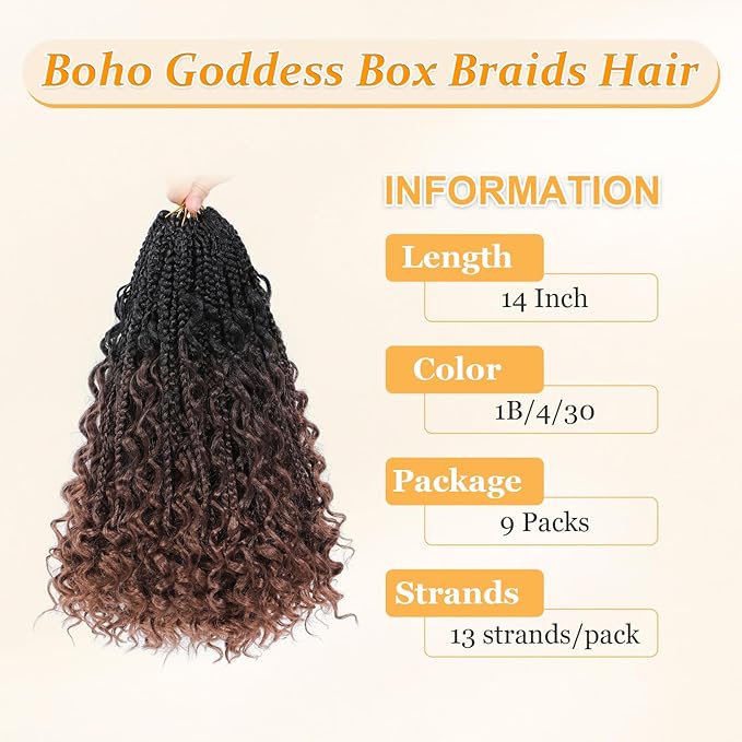 14 Inch Goddess Box Braids Crochet Hair Curly Ends 9 Packs Pre Looped Boho Crochet Box Braids Bohemian Box Braid Crochet Hair For Black Women (14Inch 9 Packs,1B/4/30)