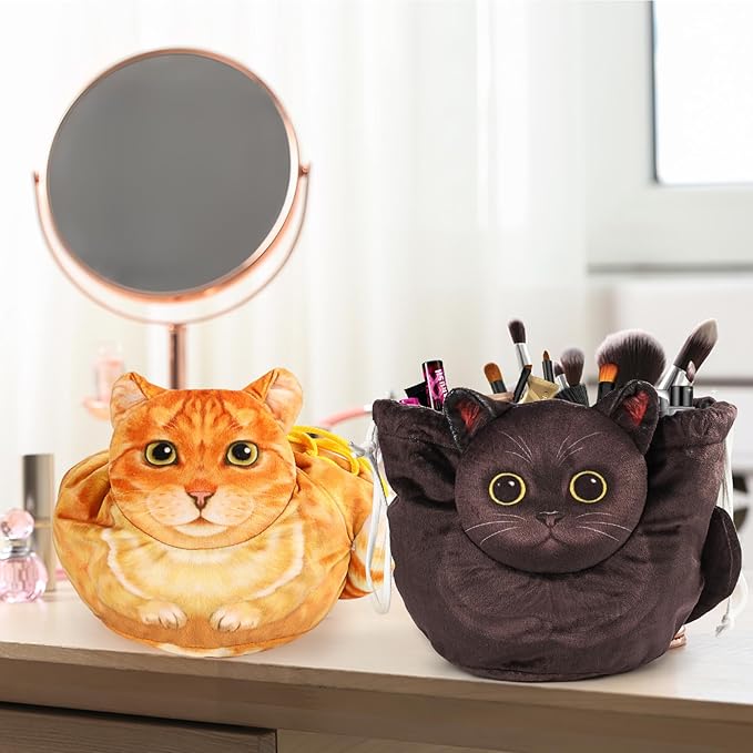Drawstring Makeup Bag, Cat Makeup Bag, Travel Makeup Organizer, Cosmetic Pouch Bag, Cat Gift for Women, Lay Flat Makeup Bag Gifts for Cat Lovers(2-Pack, Black and orange