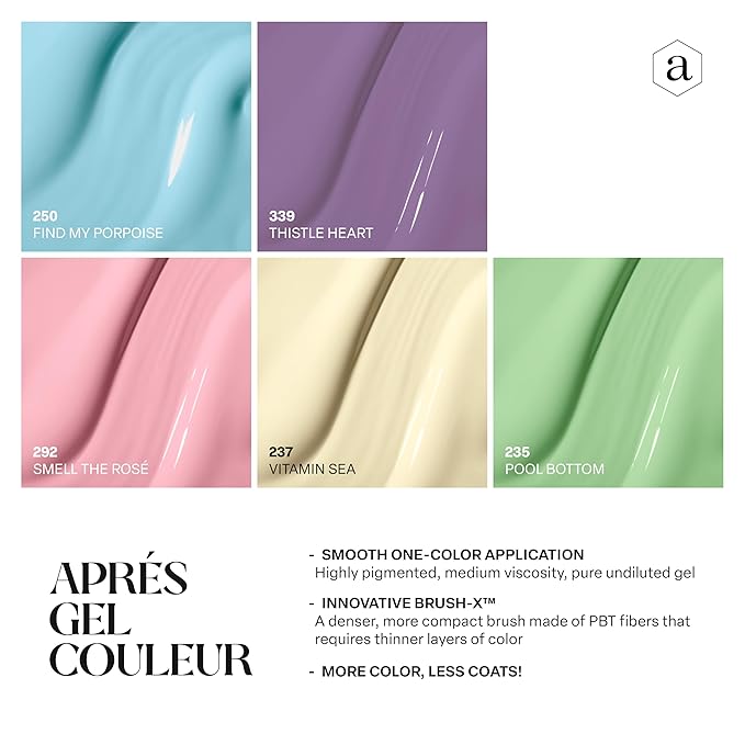 Apres Gel Couleur Combo Set, 5 Color Gel Nail Polish, Bright Nude Pastel Colors with Brush-X Nail Art Brush, 2024 Edition (Set 4)