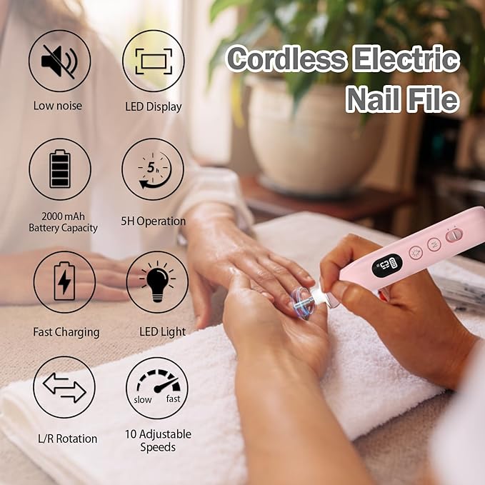 Cordless Electric Nail File Set, 10 Speeds Professional Manicure Pedicure Kit with LED Light & LCD Screen, Portable Nail Drill for Natural & Acrylic Nails, Human & Pet Thick Toenails (Pink)