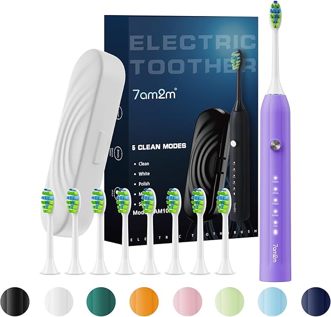7AM2M Sonic Electric Toothbrush for Adults and Kids, with 8 Brush Heads and Travel Case,5 Modes with 2 Minutes Build in Smart Timer, One Charge Use for 90 Days, Rechargeable Toothbrushes (Purple)