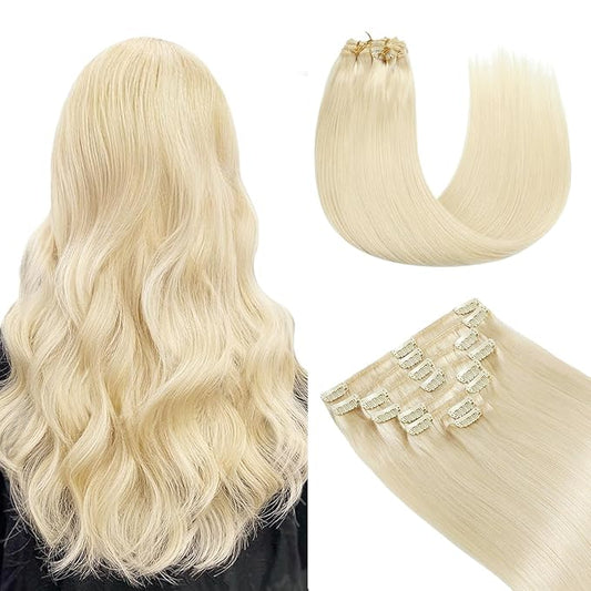 YILITE Hair Extensions Clip in Human Hair 100% Remy Real Hair 110g 8Pcs Platinum Blonde Straight Silky Hair Double Weft Clip ins Hair extensions for Women (14inches #60 Platinum Blonde)