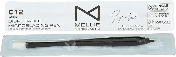 M Mellie's Signature Microblading Eyebrow Pen (Pack of 10) - Disposable Pen for Brows - Sterilized Blade, Comfortable Rubber Grip and Pigment Sponge for Flawless Brows (C12 .18mm, Black)
