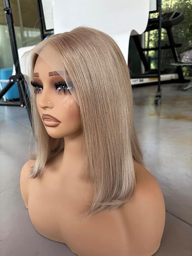 Ash Blonde Bob Human Hair Lace Front Wig Pre Plucked 13x6 Wear and Go HD Transparent Short Straight Blunt Cut Bob Ash Blonde Lace Front Wigs for Black Women 180% Density 10 Inch with Thick Ends