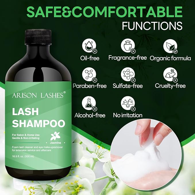 ARISON LASHES Lash Shampoo Eyelash Extension Cleanser, Lash Extension Shampoo, Professional Lash Shampoo for Lash Extensions Eyelid Foaming Cleanser for Salon and Home Use 500ML