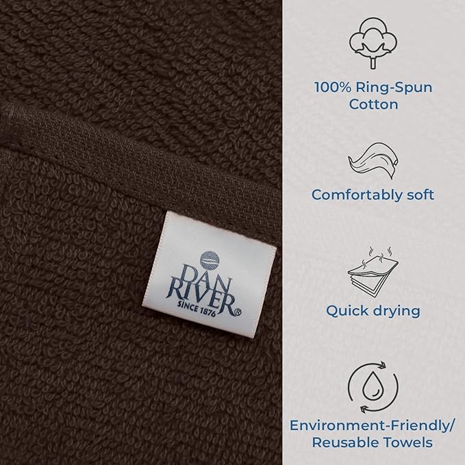 DAN RIVER 100% Cotton Washcloths 24 Pack Premium Quality Face and Body Cloth, Quick Dry Essential Towels for Bathroom, Hand, Kitchen & Cleaning, Baby Washcloths | 12X12 in | 400 GSM | Brown