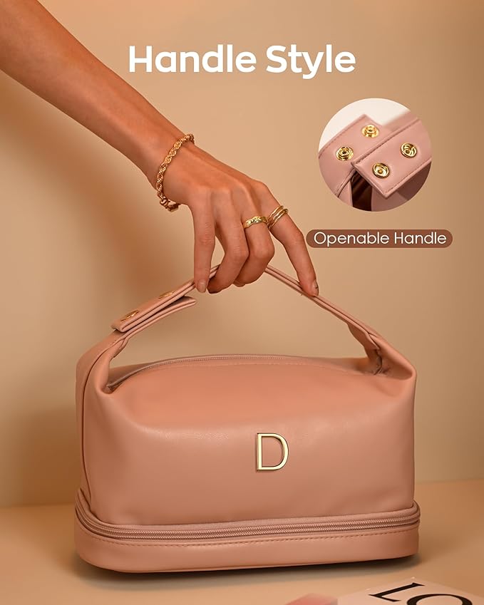 Travel Gifts Initial Cosmetic Bags Personalized Bags with Handle, Double Layer Makeup Bag, Large Capacity PU Leather Makeup Bags Letter Travel Toiletry Bag with Makeup Brush Organizer