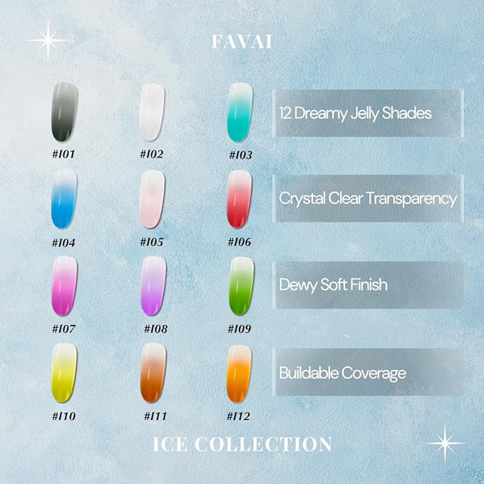 FAVAI ICE Collection (#I) 12 Colors Airbrush Gel Nail Polish Air Gel Set - 12 Crystal Translucent Colors for Stunning Nail Art 12 * 10ml