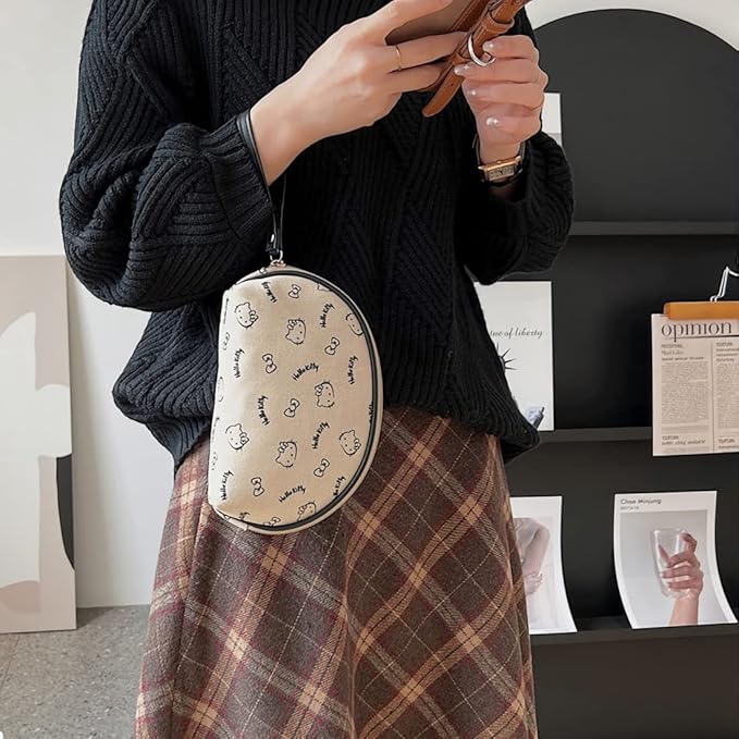 AmBealla Portable Storage Bag Cosmetic Bag for Women,Small Cute Compact Makeup Bag for Keys and Phone, Beige Cotton Organizer with Wristband,Portable Mini Bag for girls