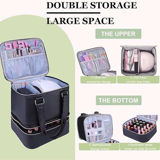 Nail Polish Organizer Case Hold 30+ Bottles (15ml/0.5 fl.oz) and a Nail Lamp, Double-Layer Nail Case Bag Nail Polish Organizer Bag, Nail Supply Organizers and Storage for Nail Tech (BLACK)