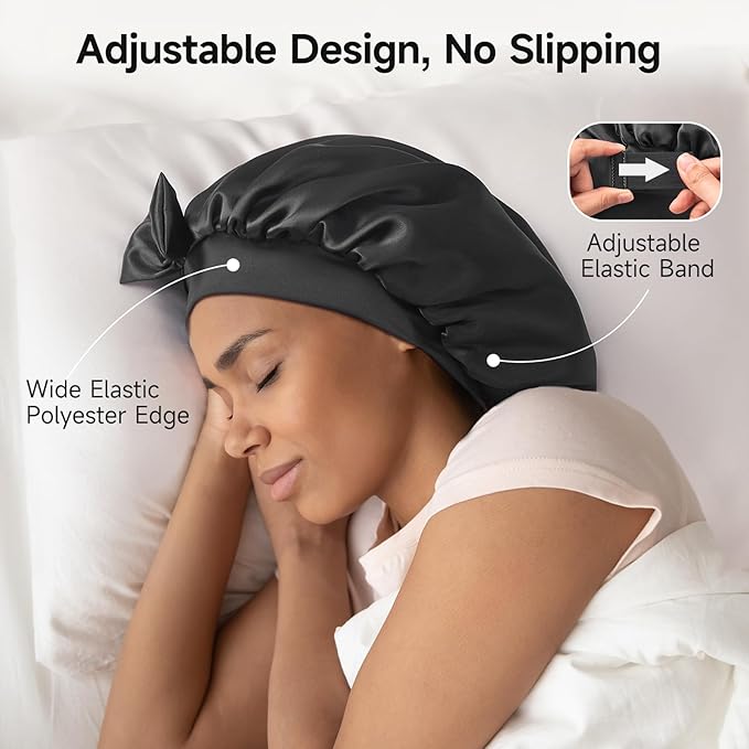 Umisleep Large Silk Bonnet for Sleeping Women, 100% Double Layer 22 Momme Mulberry Silk, Non Slip Hair Bonnet with Adjustable Band for Curly Long Hair, Black