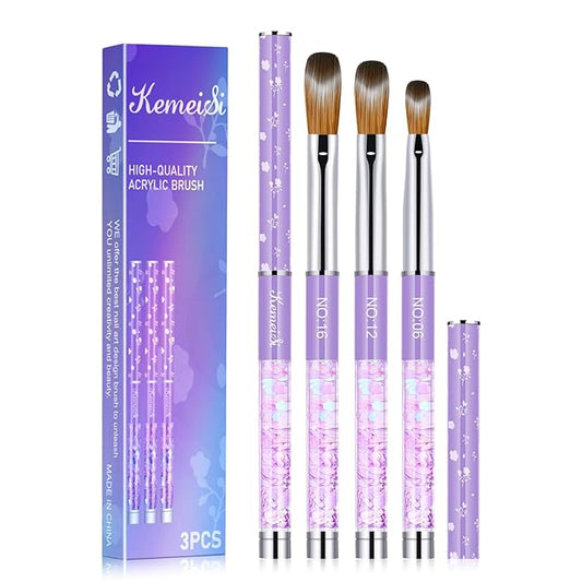 3PCS Kolinsky Nail Art Brush Set, Size 06/12/16 for Acrylic Application, Sturdy Handle Oval Shaped Powder Design Tools for Professional Manicure DIY Home