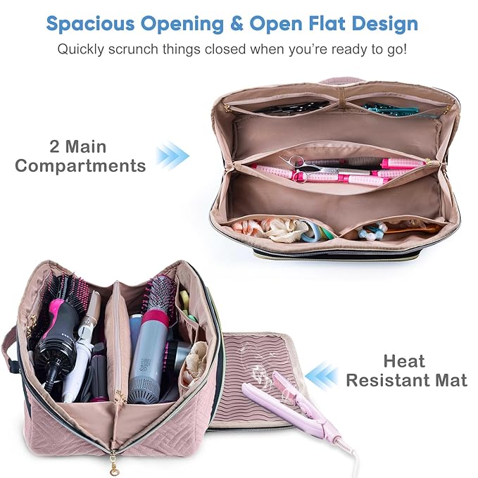 Large Hair Tools Travel Bag with Iron Mat - 2in1 Hair Tools Organizer for Hair Dryer Brush, Flat Irons, Straighteners, Curling Irons, Hair Bag, Makeup Bag, Cosmetic Bag for Travel Essentials