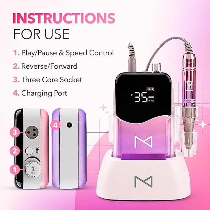 M Mase- Professional Nail Drill Machine - 2-in-1 Nail File - Cordless, 35000 RPM, HD Display - Gift for Her - Electric Nail Drill for Professional & Home Use (Unicorn Purple)