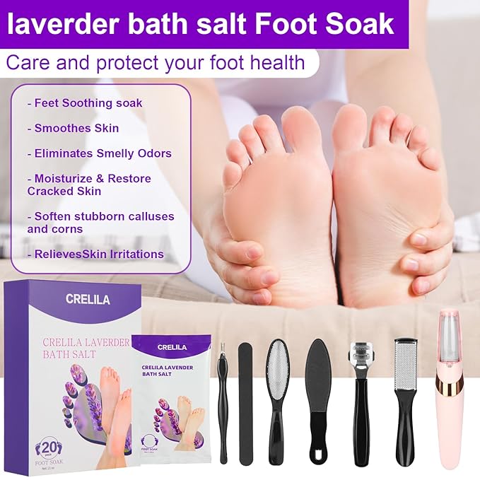 Electric Foot Callus Remover Lavender Foot Soak Salts set Callus Remover Pedicure Set includes 16 in 1 Foot Care Tools Foot File for Dead Skin Professional Pedicure Tools Two Replacement Roller Heads
