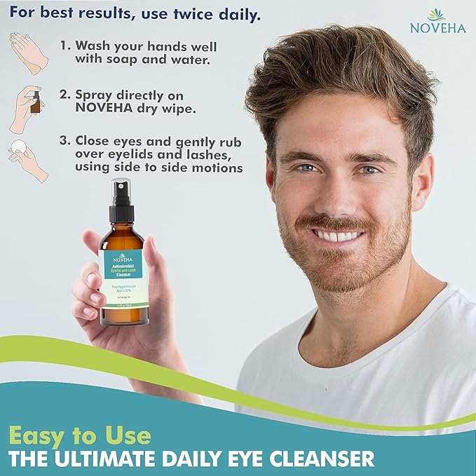NOVEHA Eyelid and Lash Cleanser - Fast Acting Soothing Formula, Effective Relief from Irritation, Dry Eyes, Styes, Pure and Gentle Hypochlorous Acid Spray (4 Fl Oz (Pack of 2))