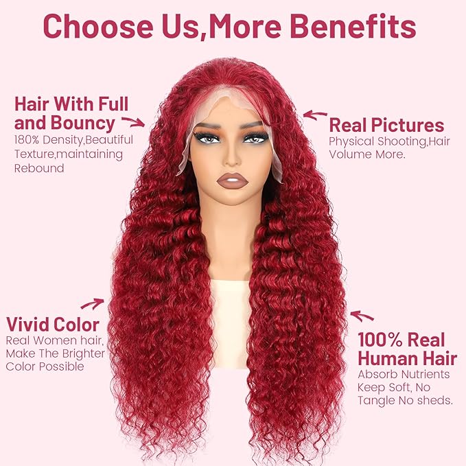 99j Burgundy Lace Front Wigs Human Hair 180%Density 13x4 Deep Wave Lace Front Wigs Human Hair Pre Plucked Wine Red Curly Wet Wavy Human Hair Wig HD Full Lace Frontal Glueless Wigs For Women 22 Inch