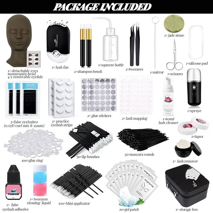 Lash Extension Kit Eyelash Practice for Beginners Professional Set with Mannequin Head Removable Eyelids USB Fan Spraye Individual False Lash Eyelash Strips Shampoo Brush Supplies Storage box