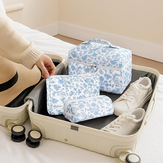 3Pcs Cotton Quilted Makeup Bag for Women Girls, Large Floral Cosmetic Bag Set Cute Makeup Brushes Aesthetic Accessories Storage Bag Travel Toiletry Bag Organizer, Little Flower Blue