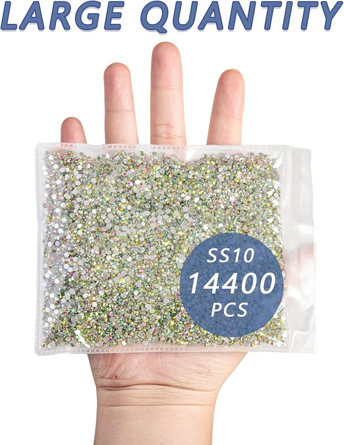 Beadsland Flatback Rhinestones Bulk,14400pcs AB Crystal Rhinestones for Nails Crafts Clothes DIY Decoration, Crystal AB, SS10, 2.7-2.9mm