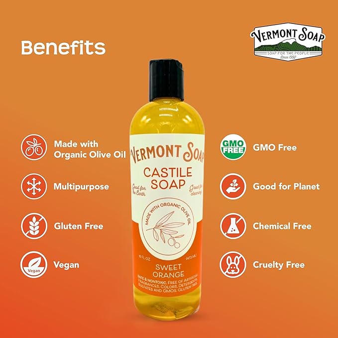 Vermont Orange Castile Soap, Gentle Liquid Soap for Sensitive Skin & Natural Body Wash, Organic Hair Shampoo for Oily Hair, Aloe Castile Soap for Men & Women - 16 Oz