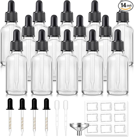 14 Pack, 1 oz Tincture Bottles with Dropper, Clear Glass Dropper Bottle with Stainless Steel Funnel, Pipettes & Labels, 30 ml Eye Dropper Bottles leakrproof For Essential Oils Serums Hair Body Oils