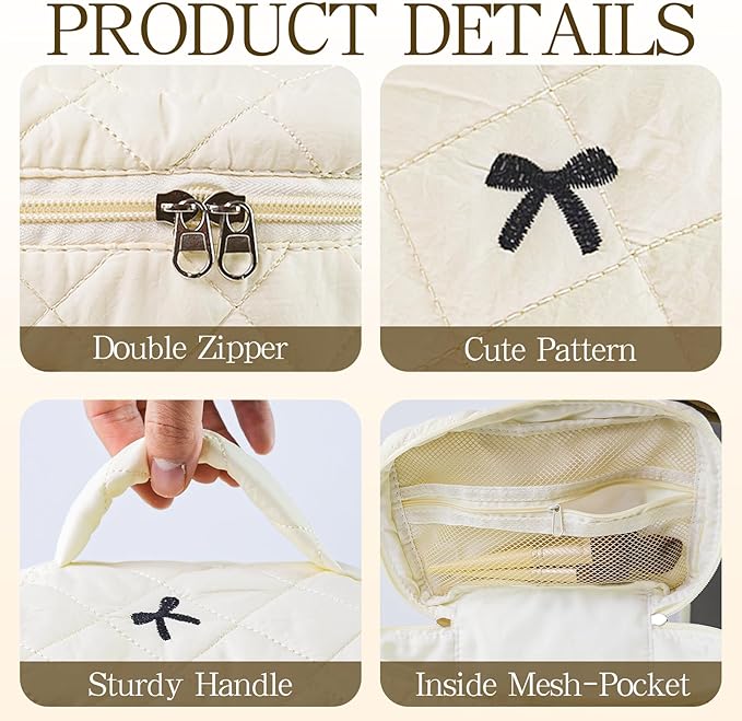 3Pcs Quilted Makeup Bag, Cute Floral Cotton Cosmetic Bag set, Coquette Bow Makeup Pouch Large Travel Toiletry Bag