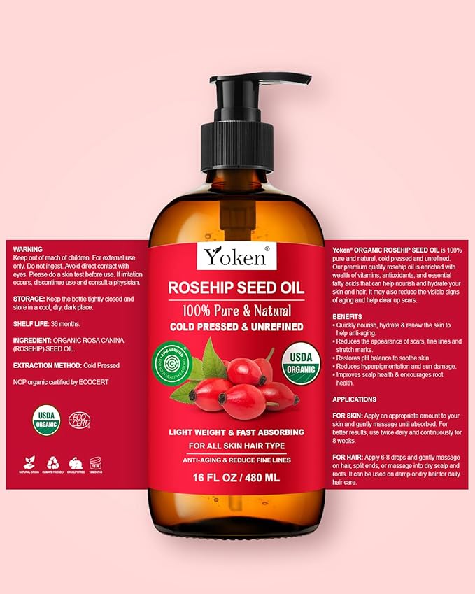 Organic Rosehip Seed Oil, USDA 100% Pure Rosehip Oils for Face, Hair & Body, Large Glass Bottle 16 fl oz Cold Pressed Rose Hip Oil for Skin Care, Moisturizing, Massage, Gua Sha & DIY Blends