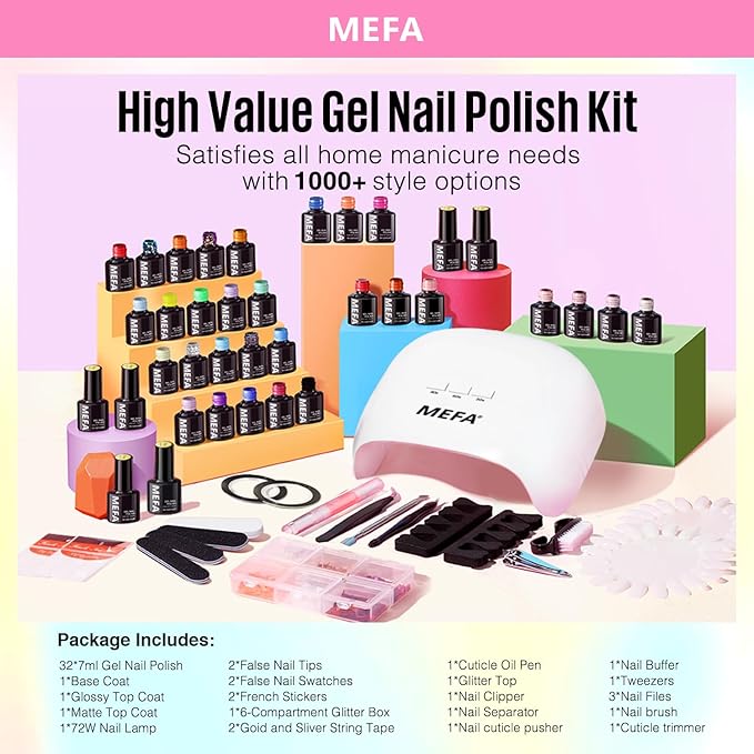 MEFA 60 Pcs Gel Nail Polish Kit with U V Light, 32 Colors Bright Neon Spring Summer Fall Pink Gel Polish Nail Set Essential Manicure Tools Nails Decorations Gifts for Women