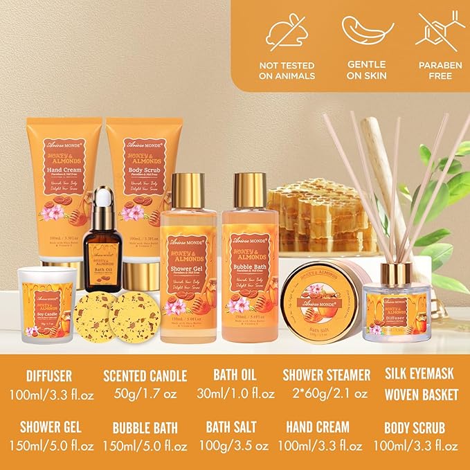 Gift Baskets for Women, Bath and Body Gift Set for her with 13pcs Honey Almond Scented Spa Gifts for Women, Bath Sets Includes Scented Candle, Shower Steamer, Bubble Bath, Bath Salt. Mothers Day Gifts