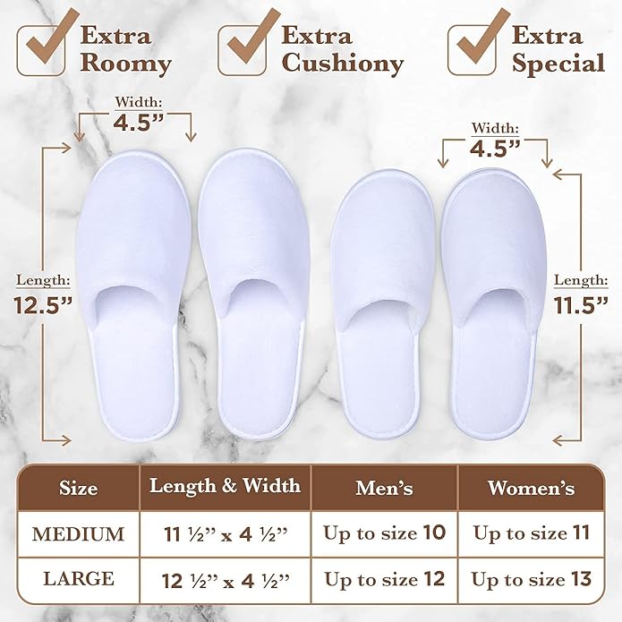 Spa Slippers, Disposable Slippers for Guests Bulk of 6 Pairs - Non-Slip Closed-Toe Premium White Spa Slippers Bulk with Travel Bags - Coral Fleece Hotel Slippers for Women and Men