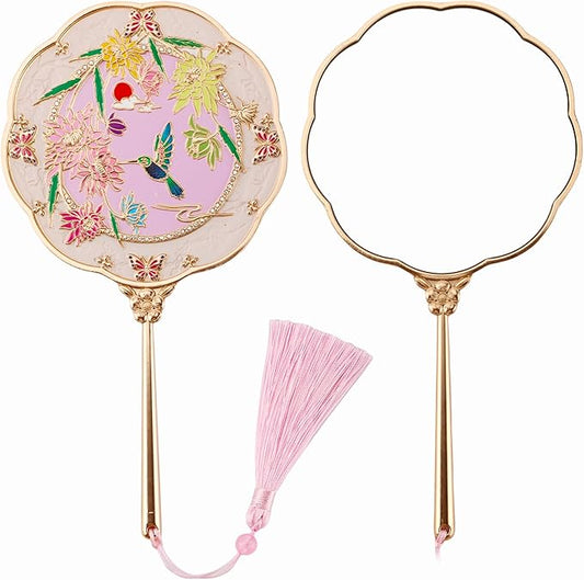 Hand Mirror, Handheld Mirror with Hummingbird Embossed Patterns, Elegant Metal Hand Craft Makeup Mirror, Beautiful Gift Value, Compact and Portable (Hummingbird Gold)