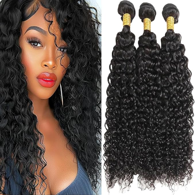 Water Wave Bundles #1B Natural Color Water Curly Weave Bundles Brazilian Human Hair Weave Extensions Soft and Silky for Black Women 14 16 18 Inch