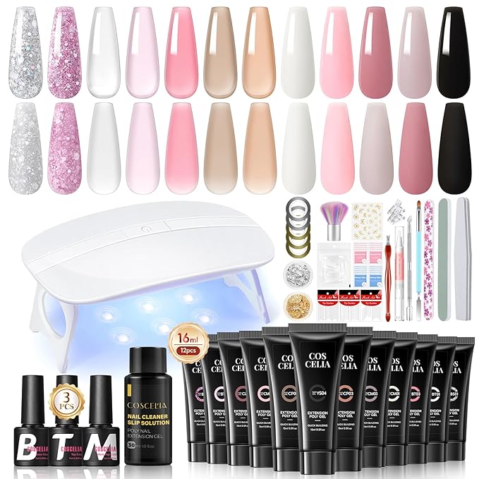 COSCELIA 41pc Poly Nail Gel Kit Starter Kit16ML 12 Colors Nail Extension Gel Kit with Lamp Light for Beginners with Everything Nail Thickening Solutions Gifts for Women