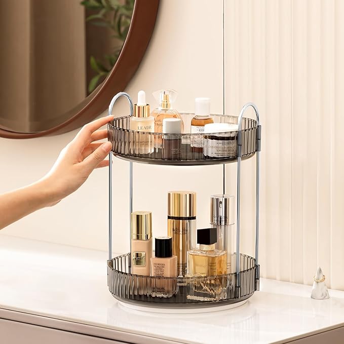 360 Rotating Makeup Organizer Countertop 2 Tier Bathroom Organizer Spinning Perfume Organizers Skincare Organizers Makeup Carousel with Silver Handle Cosmetic Brush Storage, Clear Gray