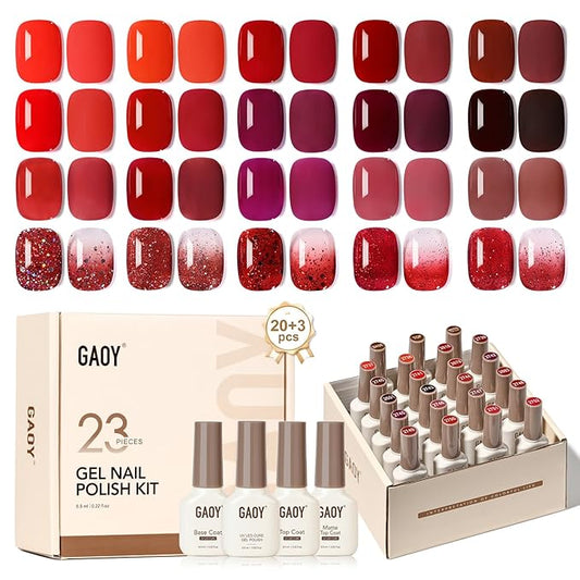 GAOY 23 Pcs Gel Nail Polish Kit, Red Glitter Colors UV Gel Nail Polish Set with Glossy & Matte Top Coat and Base Coat for Nail Art Home DIY Gel Nail Kit
