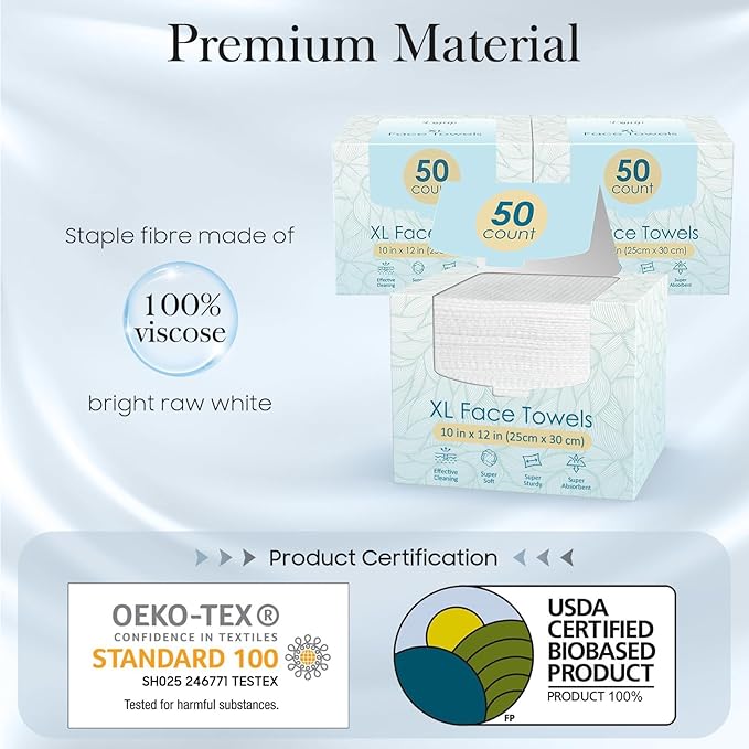 150 Count (3 Box) XL Disposable Face Towels 10” x 12”, 100% Viscose Fibre, Soft & Skin Friendly Face Towelettes Disposable, Facial Tissue Wipes for Women Cleansing