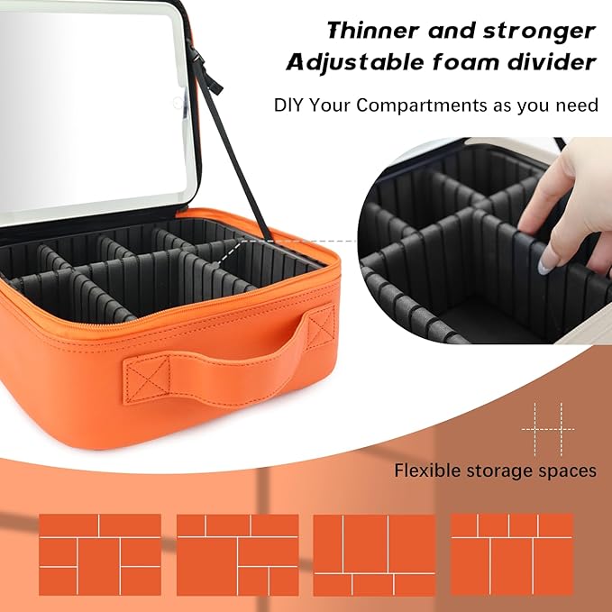 Travel Makeup Bag with LED Lighted Mirror,Travel Makeup Organizer, Makeup Bag with 3 Color Lighted Setting, Portable Storage and Adjustable Dividers Makeup Box(Orange)