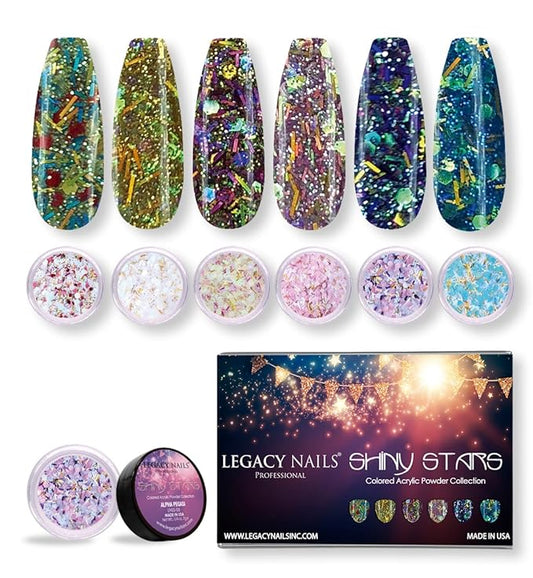 Legacy Nails Professional COLLECTION Acrylic Powder Kit 6 Colors Nail Art Set for Manicure DIY for Dip & Acrylic Nail Extensions (SHINY STARS COLLECTION)