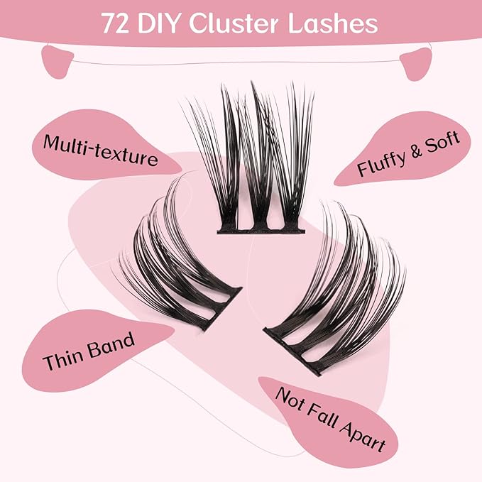 Cluster Lashes, 72 Pcs Individual Lashes, Lash Clusters DIY Eyelash Extension, Super Thin Band Reusable Soft & Comfortable (Bubbling-D-10mm)