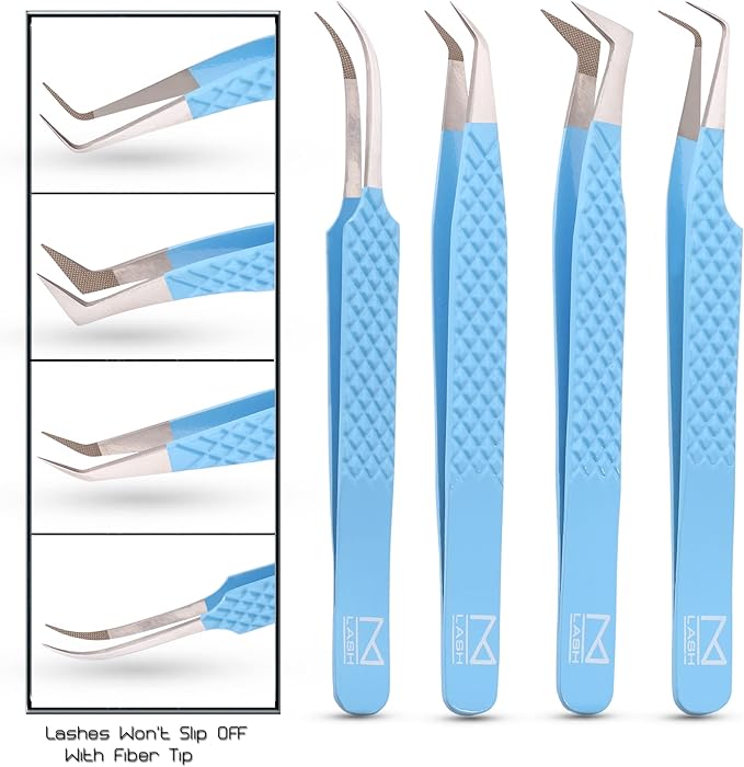 M LASH Tweezers for Eyelash Extensions (Set of 4) - Professional Lash Extension Tweezers - Fiber Tip, Japanese Steel, Diamond Grip Eyelash Extension Tweezer (Teal)