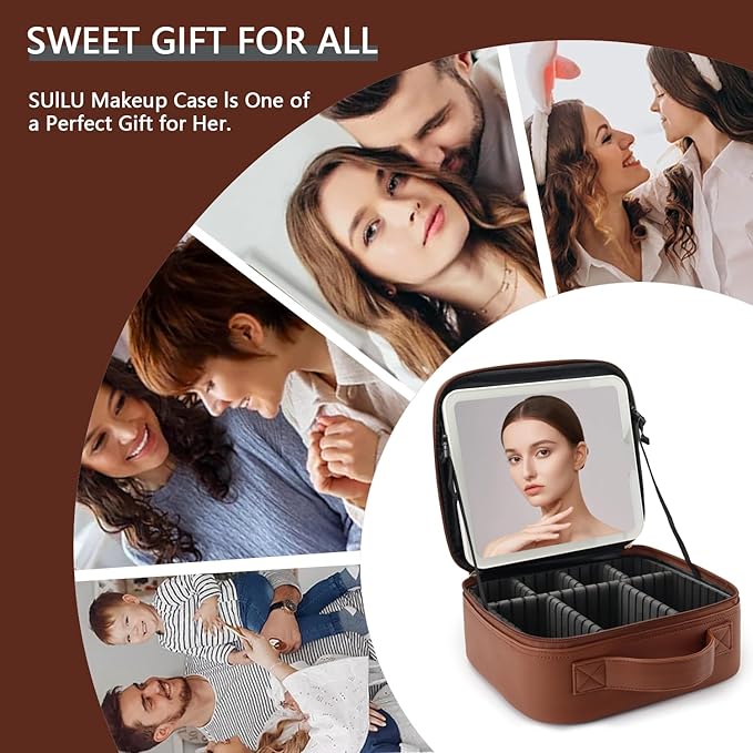 Travel Makeup Bag with LED Lighted Mirror,Cosmetics Organizer, Makeup Bag with 3 Color Lighted Setting, Portable Storage and Adjustable Dividers Travel Makeup Bag(Dark brown)