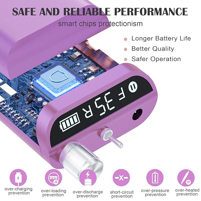 Kredioo Nail Drill, Nail Drills for Professional Acrylic Nails 35000RPM Rechargeable Portable Electric File Drill Machine with 10 Bits Set Quickly Remove Gel Polish Salon Quality Manicure-Purple