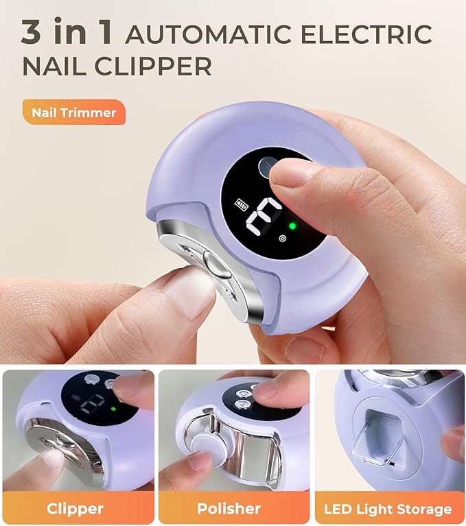 2025 New 3-in-1 Electric Nail Clippers,360° Rotation, 3-Speeds, Polishing Automatic Nail Trimmer with Nail Chip Storage & LED Light, Rechargeable Safety Trimmer for Women, Men, Baby, Seniors-Purple