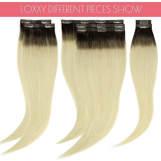 Loxxy Seamless Clip in Hair Extensions Real Human Hair Clip in Extensions Rooted Darkest Brown to Platinum Blonde Ombre 7Pcs 110G 20Inch #R2-60A Invisible PU Skin Weft Natural Remy Human Hair